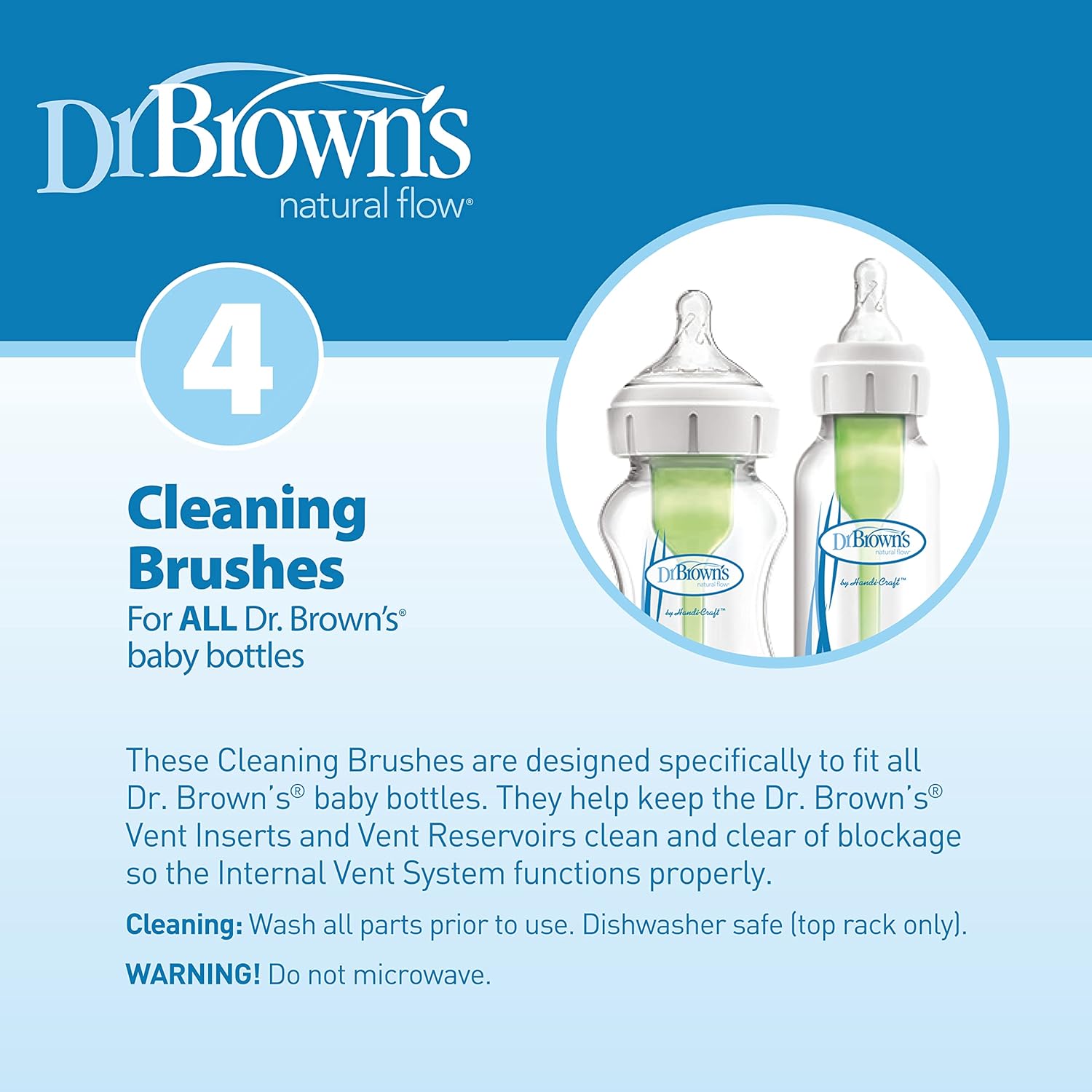 Dr. Brown's Natural Flow Cleaning Brushes - Essential Cleaning Set for Bottle Parts, Straws, and Sippy Spouts | BPA-Free | Pack of 4 Brushes