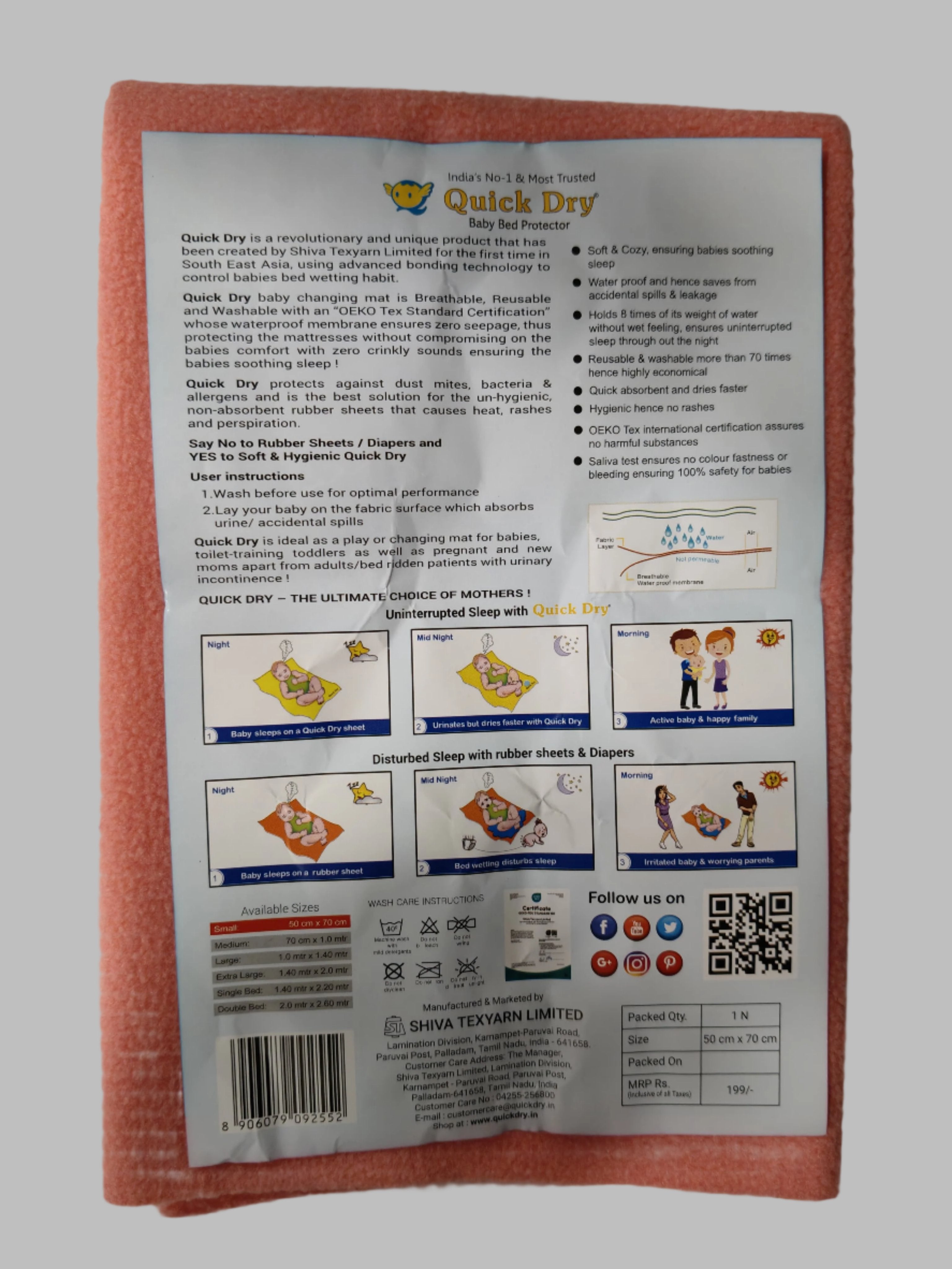 Quick Dry Baby Bed Protector 50x70cm | Soft, Waterproof, Reusable & Hygienic Sheet - Salmon Rose