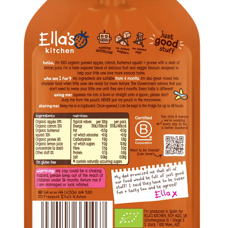 Ella's Kitchen Apples, Carrots, Squash + Prunes Organic Perfect Puree | From 4 Months | Super Smooth | 120g | No Added Sugar or Salt | Gluten-Free
