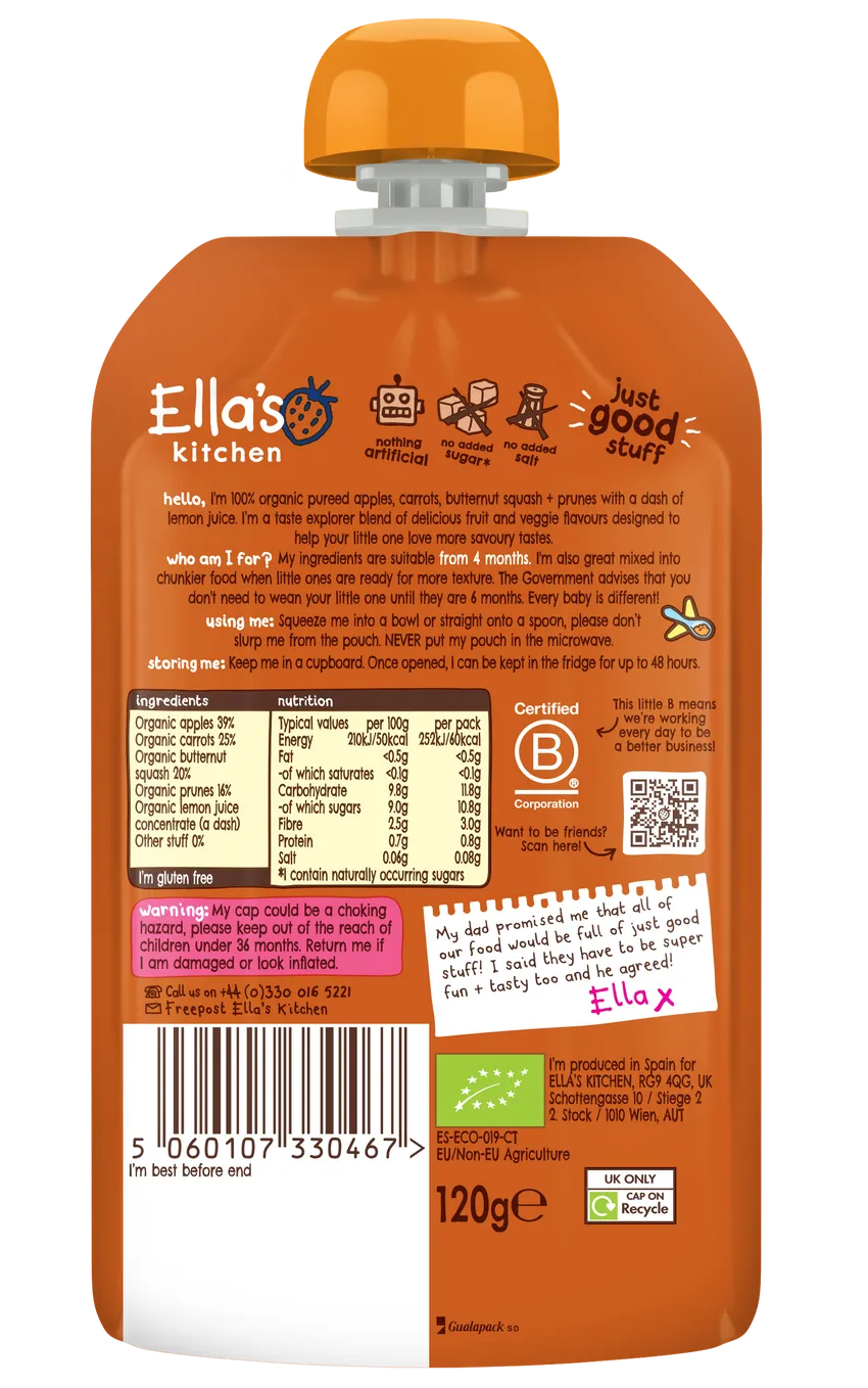 Ella's Kitchen Apples, Carrots, Squash + Prunes Organic Perfect Puree | From 4 Months | Super Smooth | 120g | No Added Sugar or Salt | Gluten-Free