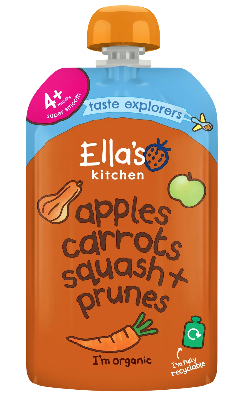 Ella's Kitchen Apples, Carrots, Squash + Prunes Organic Perfect Puree | From 4 Months | Super Smooth | 120g | No Added Sugar or Salt | Gluten-Free