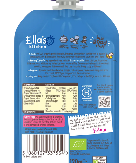 Ella’s Kitchen Blueberries, Apples & Bananas with Vanilla Organic Baby Puree | 100% Fruit | 4+ Months | No Added Sugar | 120g - MINIMEE KIDS