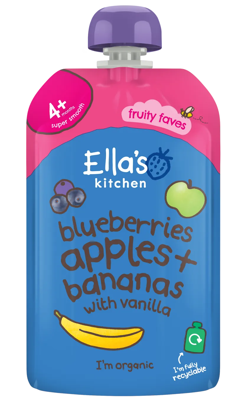 Ella’s Kitchen Blueberries, Apples & Bananas with Vanilla Organic Baby Puree | 100% Fruit | 4+ Months | No Added Sugar | 120g