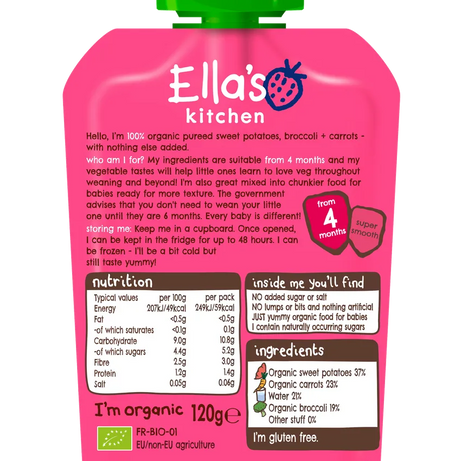 Ella’s Kitchen Organic Vegetable Baby Puree – Sweet Potatoes, Broccoli & Carrots | Super Smooth Weaning Pouch for 4+ Months | No Added Salt or Sugar | 120g