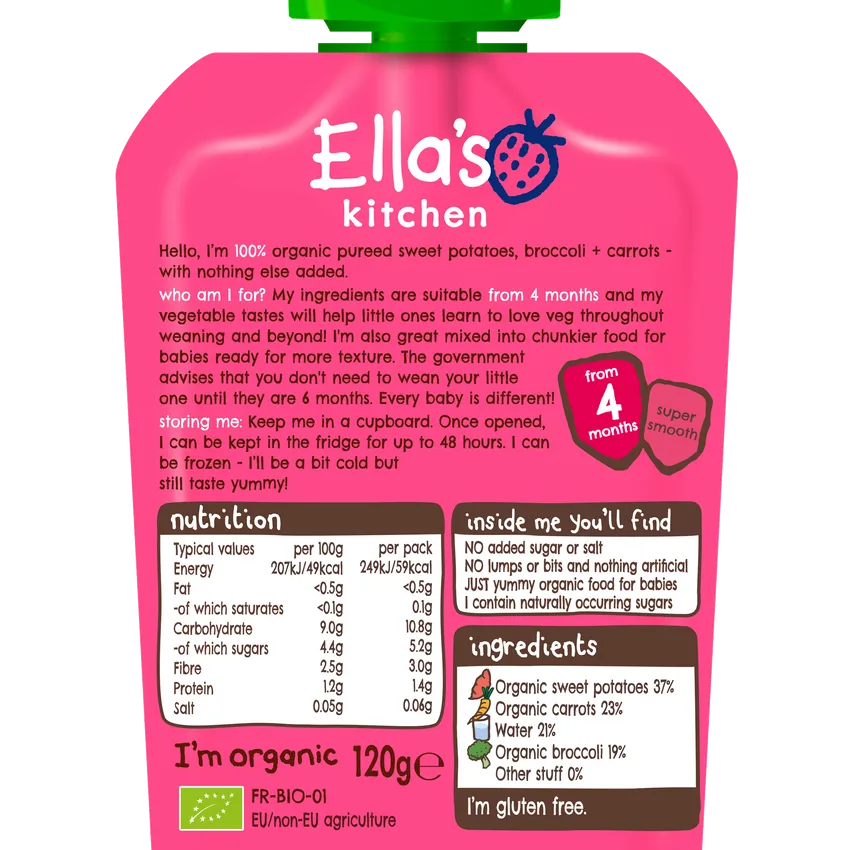 Ella’s Kitchen Organic Vegetable Baby Puree – Sweet Potatoes, Broccoli & Carrots | Super Smooth Weaning Pouch for 4+ Months | No Added Salt or Sugar | 120g