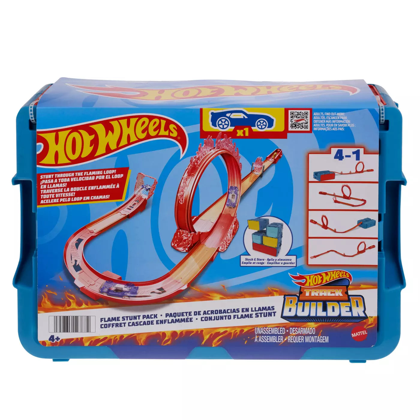 Hot Wheels Track Builder Flame Stunt Pack | Stunt Through the Flaming Loop with Fire-Themed Accessories & Storage Box | Includes 1 Hot Wheels 1:64 Scale Car | 4+ Years
