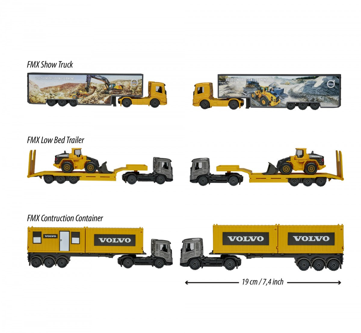 Majorette Volvo Construction Series Die-Cast Trucks 3 Variants - FMX Construction Container, FMX Low Bed Trailer, FMX Show Truck | Realistic Detailing, Durable Build, Ideal for Kids & Collectors | Premium Construction Vehicles for Ages 3+