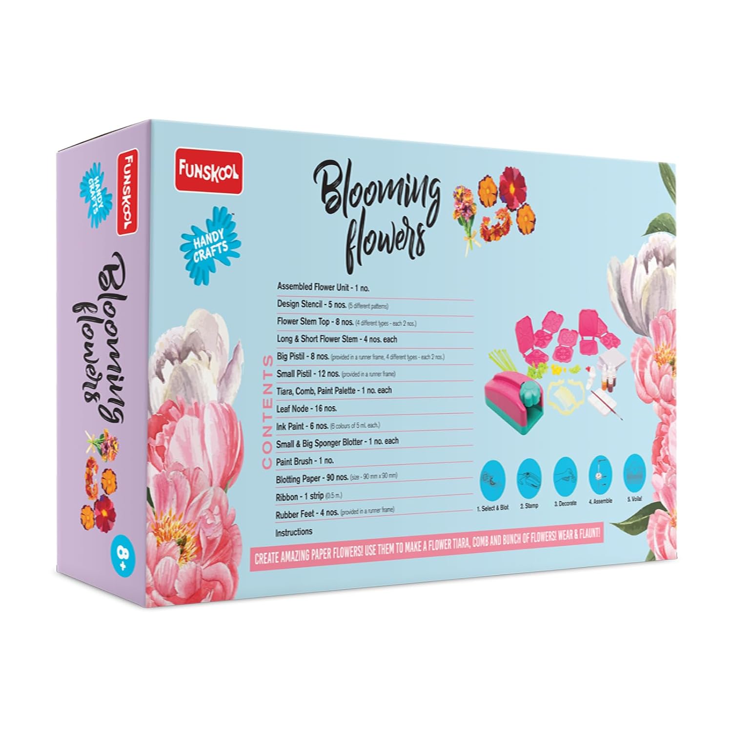Funskool Handycrafts Blooming Flowers - Creative Paper Flower Making Kit for Kids Ages 8+ | Includes Tiara, Comb, and Floral Decorations