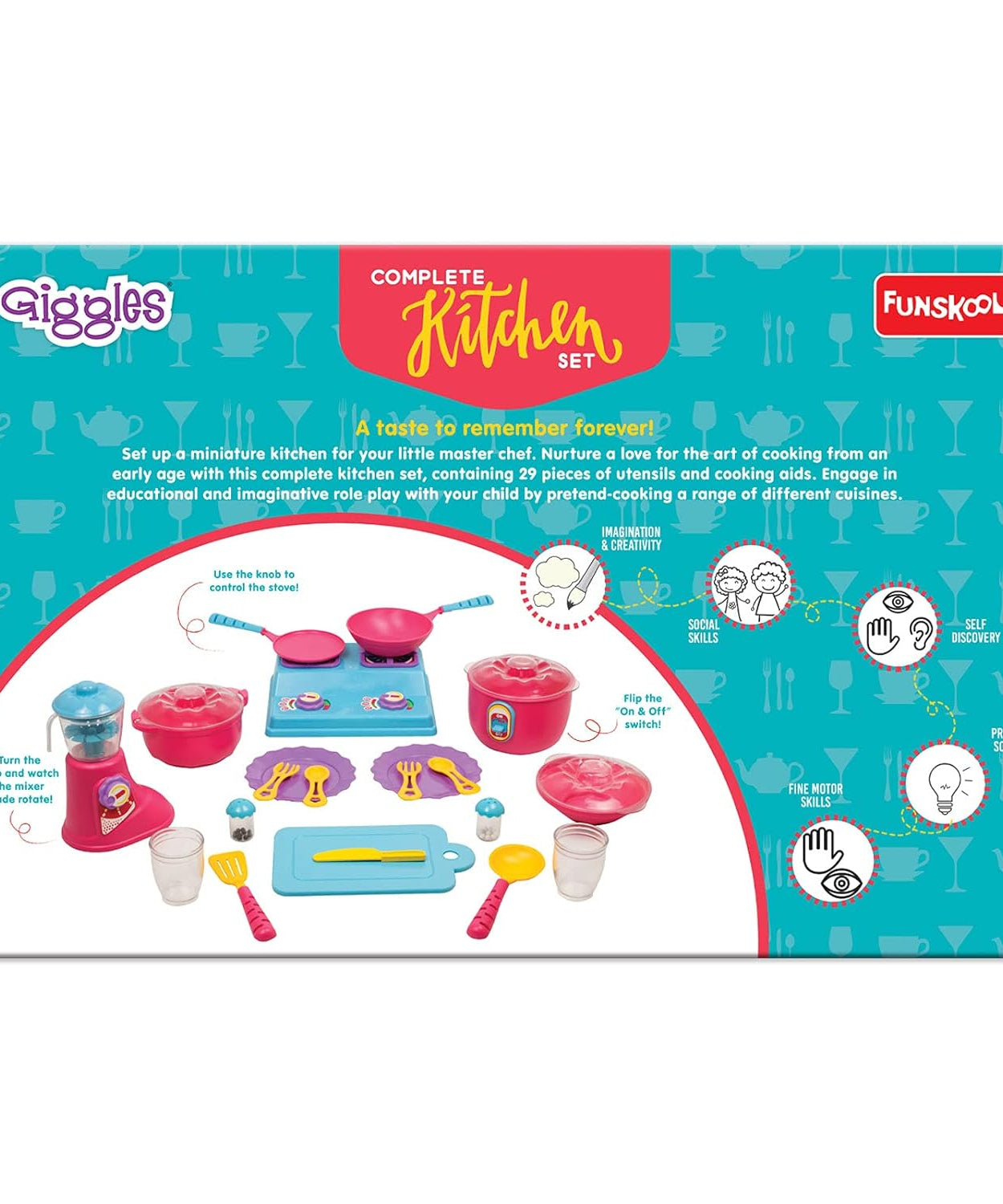 Funskool Giggles Complete Kitchen Set – 29-Piece Colourful Pretend and Play Cooking Set for Kids – Encourages Language, Social Skills & Role Play – for Ages 3 and Above - MINIMEE KIDS