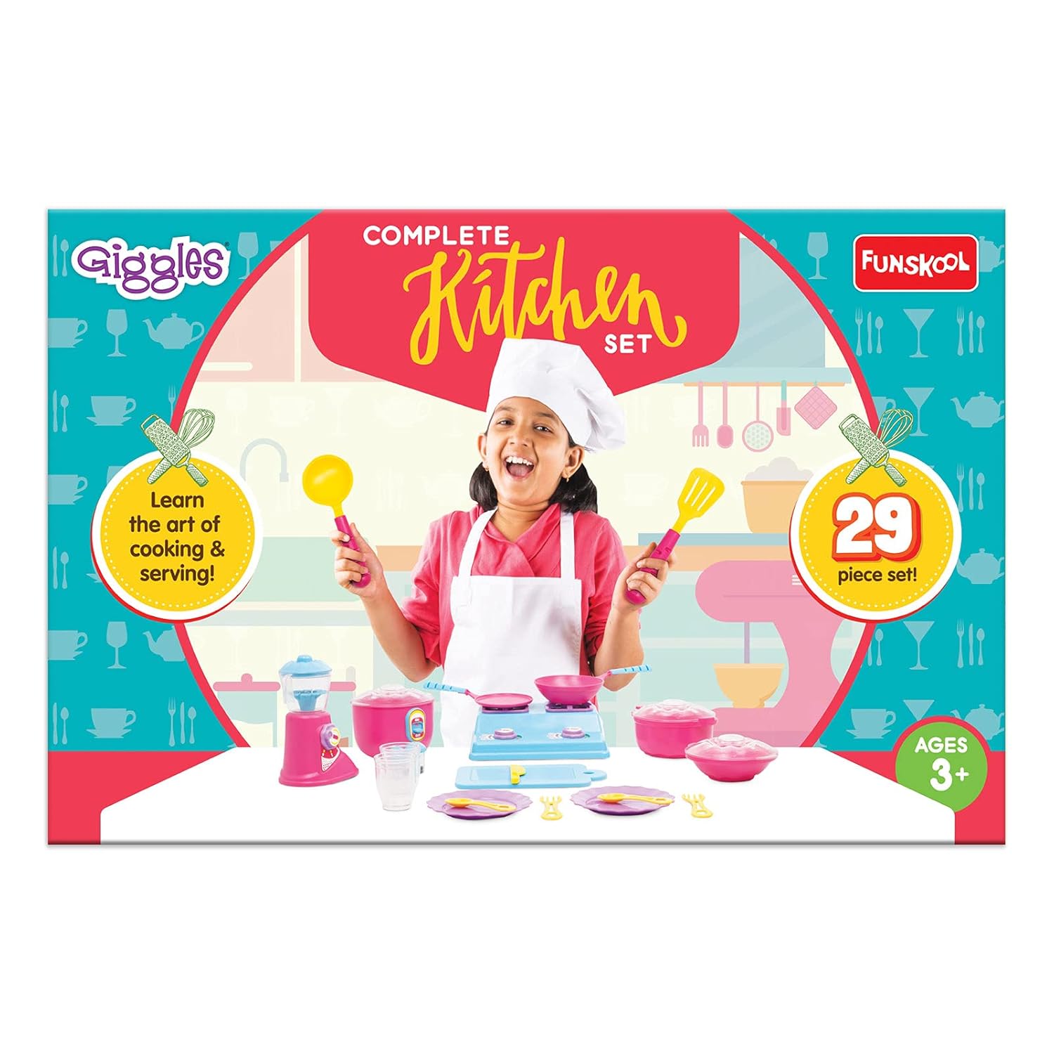 Funskool Giggles Complete Kitchen Set – 29-Piece Colourful Pretend and Play Cooking Set for Kids – Encourages Language, Social Skills & Role Play – for Ages 3 and Above