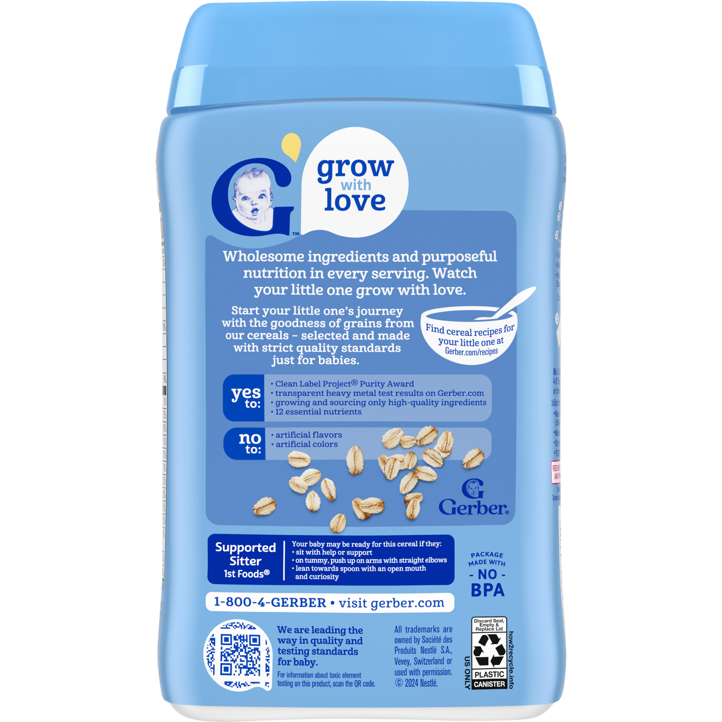 Gerber Oatmeal Cereal - 227g | Gentle Single Grain Cereal, Non-GMO, 60% DV Iron for Learning-Ability & 8g Whole Grains for Sitter Babies (4-6+ Months)