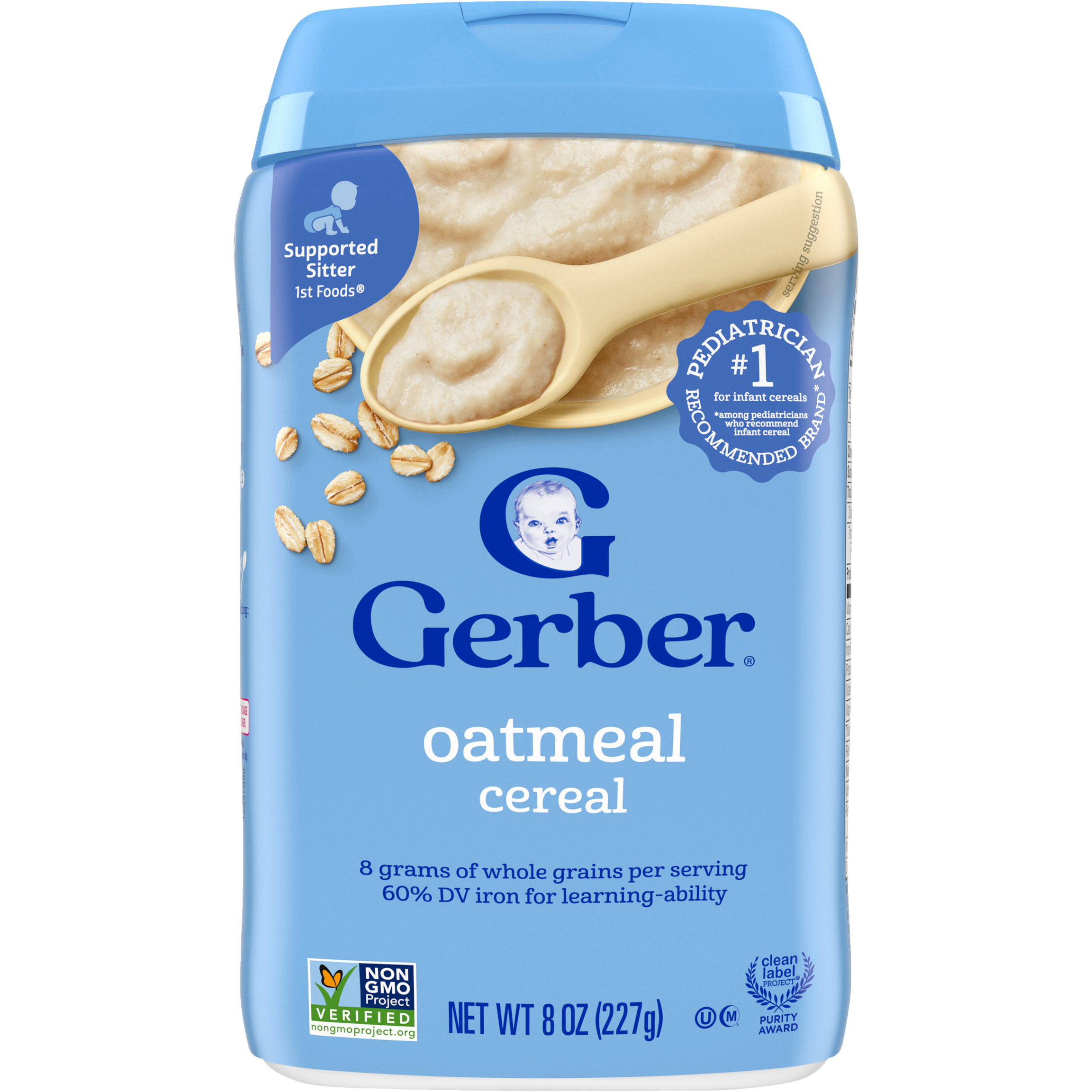 Gerber Oatmeal Cereal - 227g | Gentle Single Grain Cereal, Non-GMO, 60% DV Iron for Learning-Ability & 8g Whole Grains for Sitter Babies (4-6+ Months)