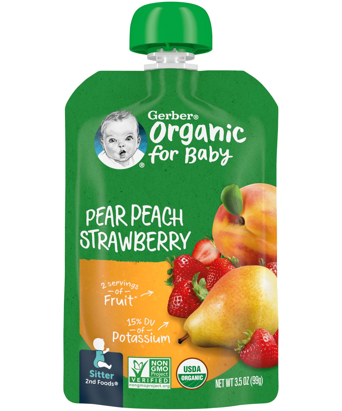 Gerber Organic for Baby Sitter 2nd Foods | Pear Peach Strawberry | 3.5 oz (99 g) | USDA Organic Baby Fruit Puree Pouch for Sitter Stage | No Added Sugar | Non-GMO | BPA-Free Packaging