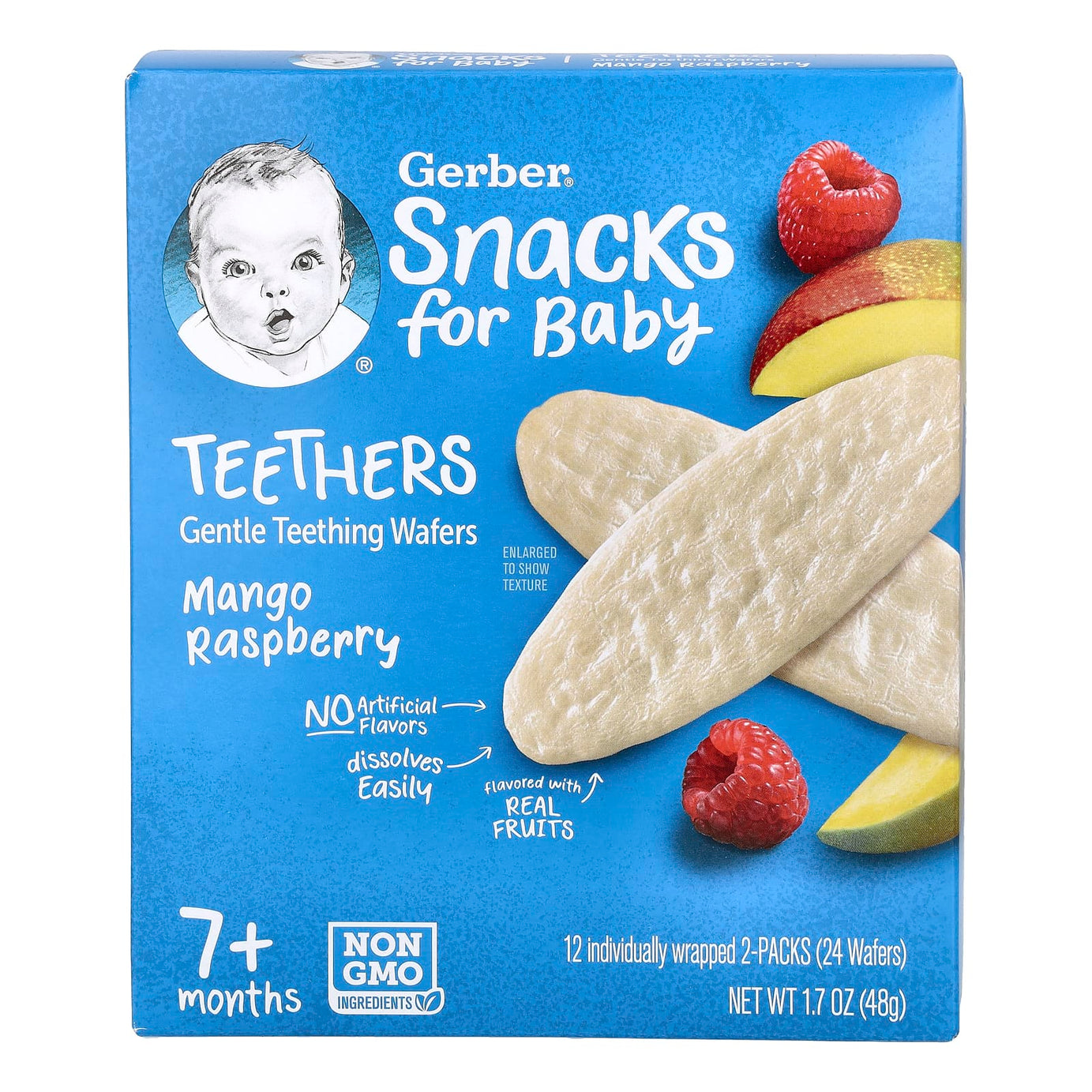 Gerber Snacks for Baby Teethers Gentle Teething Wafers - Mango Raspberry | 7+ Months | Non-GMO | 12 Individually Wrapped 2-Packs | 24 Wafers | 48g