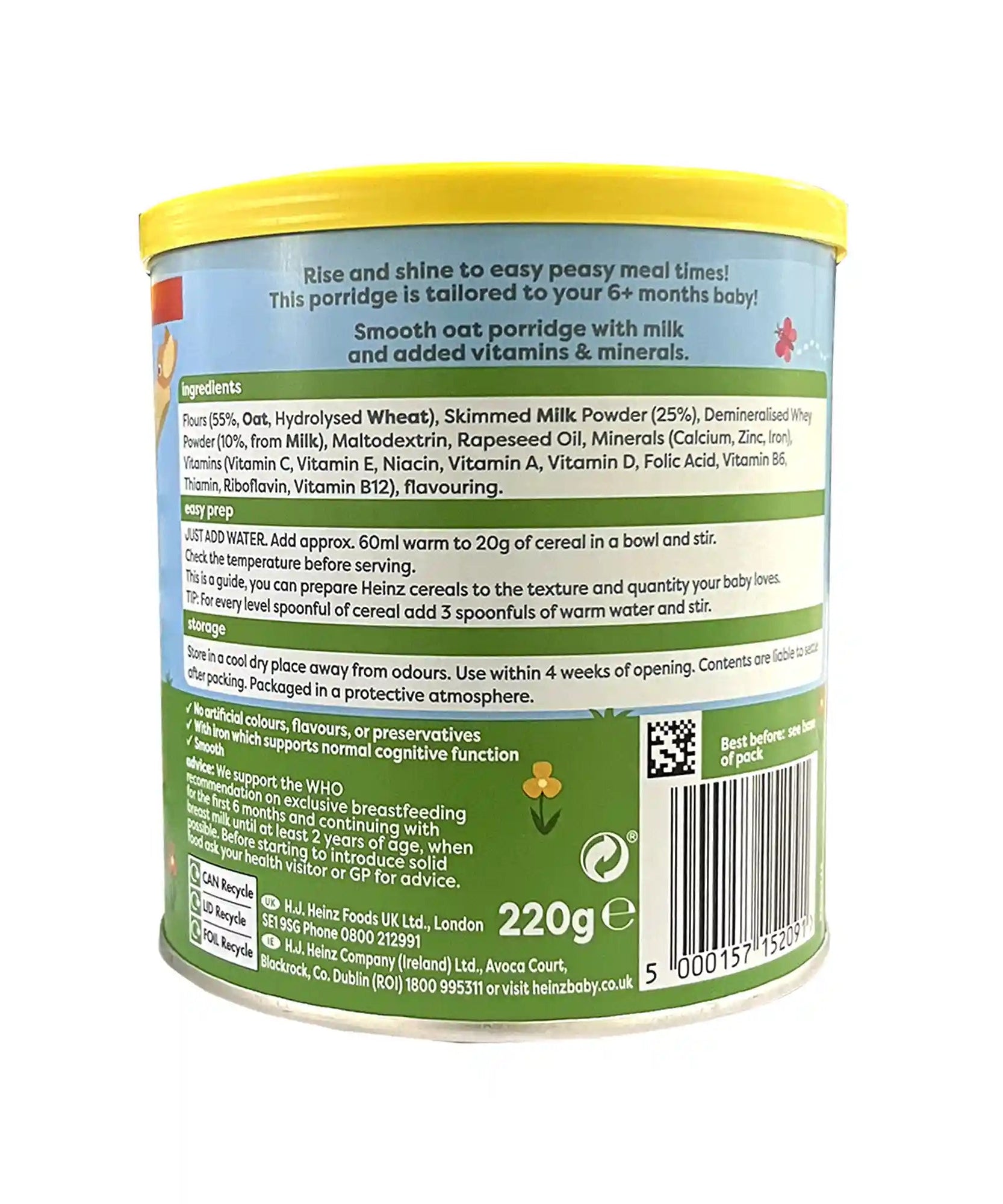 Heinz Baby Oat Porridge with Added Iron – 220g | Smooth Oat Cereal for Babies 6 Months+ | Enriched with Vitamins & Minerals | No Added Sugar | 11 Servings - MINIMEE KIDS