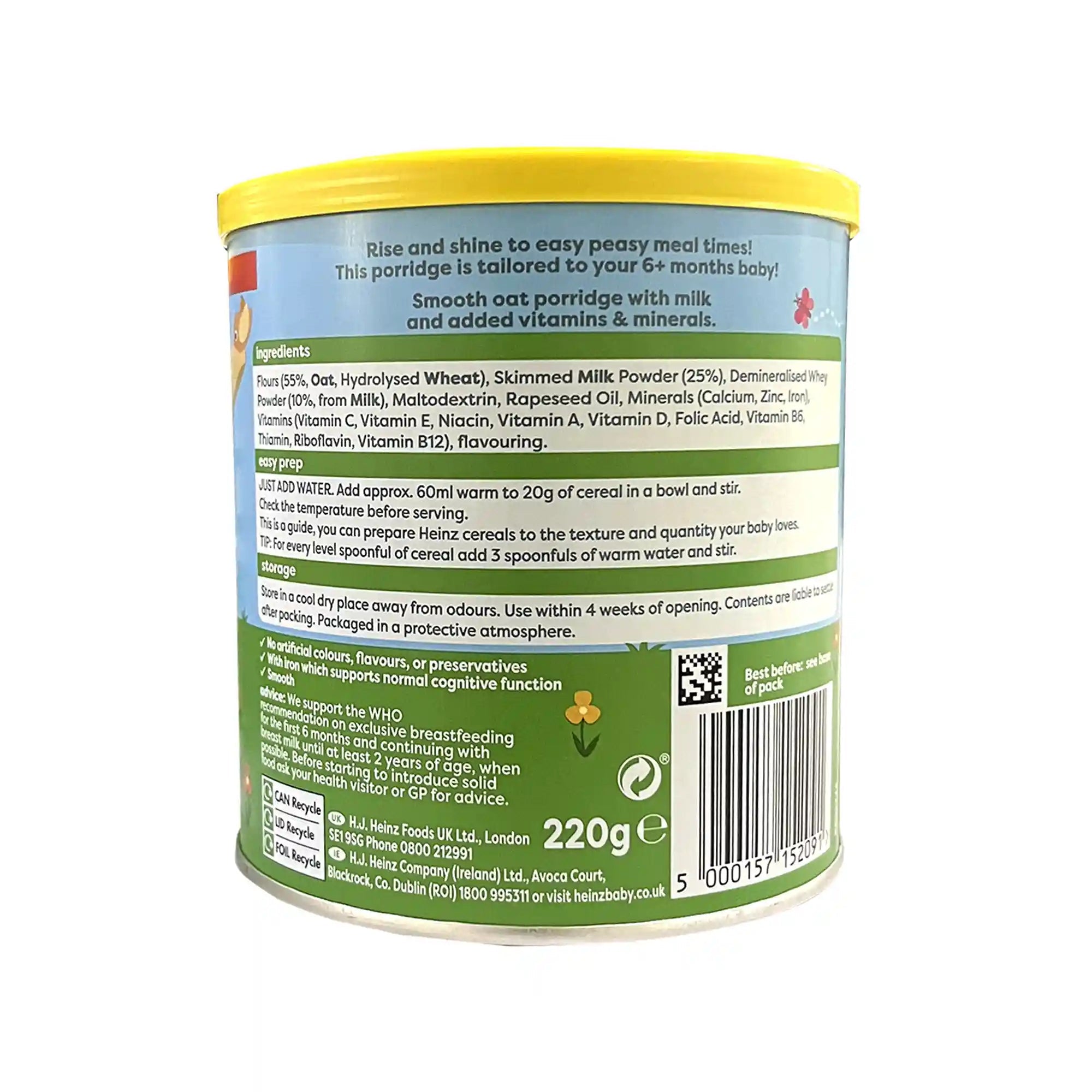 Heinz Baby Oat Porridge with Added Iron – 220g | Smooth Oat Cereal for Babies 6 Months+ | Enriched with Vitamins & Minerals | No Added Sugar | 11 Servings