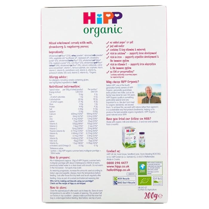 HiPP Organic Summer Berry Multigrain Porridge Baby Cereal for 10+ Months | 200g | Made in UK