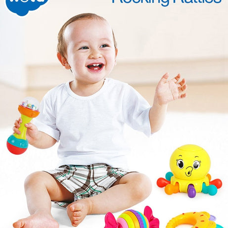 Hola Toys 6-Piece Baby Rattle Set | Sensory & Educational Development Toy for Infants | BPA-Free Colorful Rattles with Sounds, Textures & Shapes for Babies 3+ Months | Print & Color May Vary