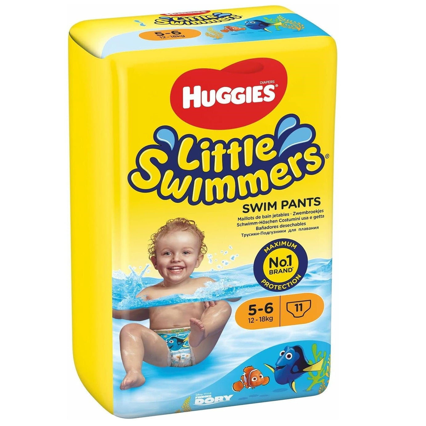 Huggies Little Swimmers Disney Pixar Finding Dory Baby Swim Diapers – Size 5-6 (12–18 kg) | Pack of 11 Swim Pants | Waterproof Disposable Swim Nappies with Tear-Away Sides & Leak Protection