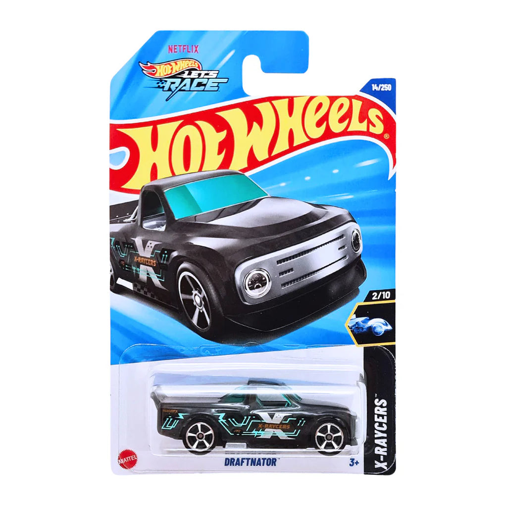 Hot Wheels Draftnator – X-Raycers Series 2025, Black Transparent Pickup, Netflix Let’s Race Edition, Collector Diecast (2/10, #14/250) with PR5 Wheels – Malaysia Import for Kids & Enthusiasts