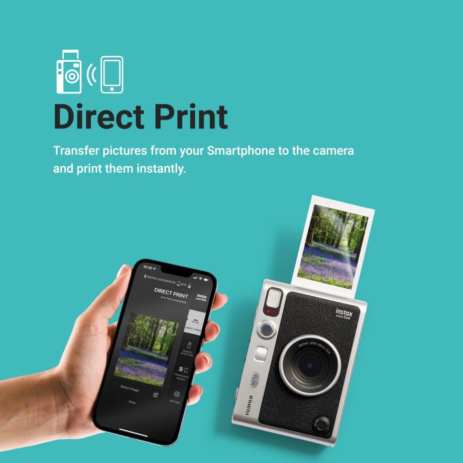 Fujifilm Instax Mini Evo Premium Hybrid Camera + Instant Printer | 100 Photo Styles with Lens & Film Effects | Direct Print from Smartphone | Black & Brown Variants with Film Bundle