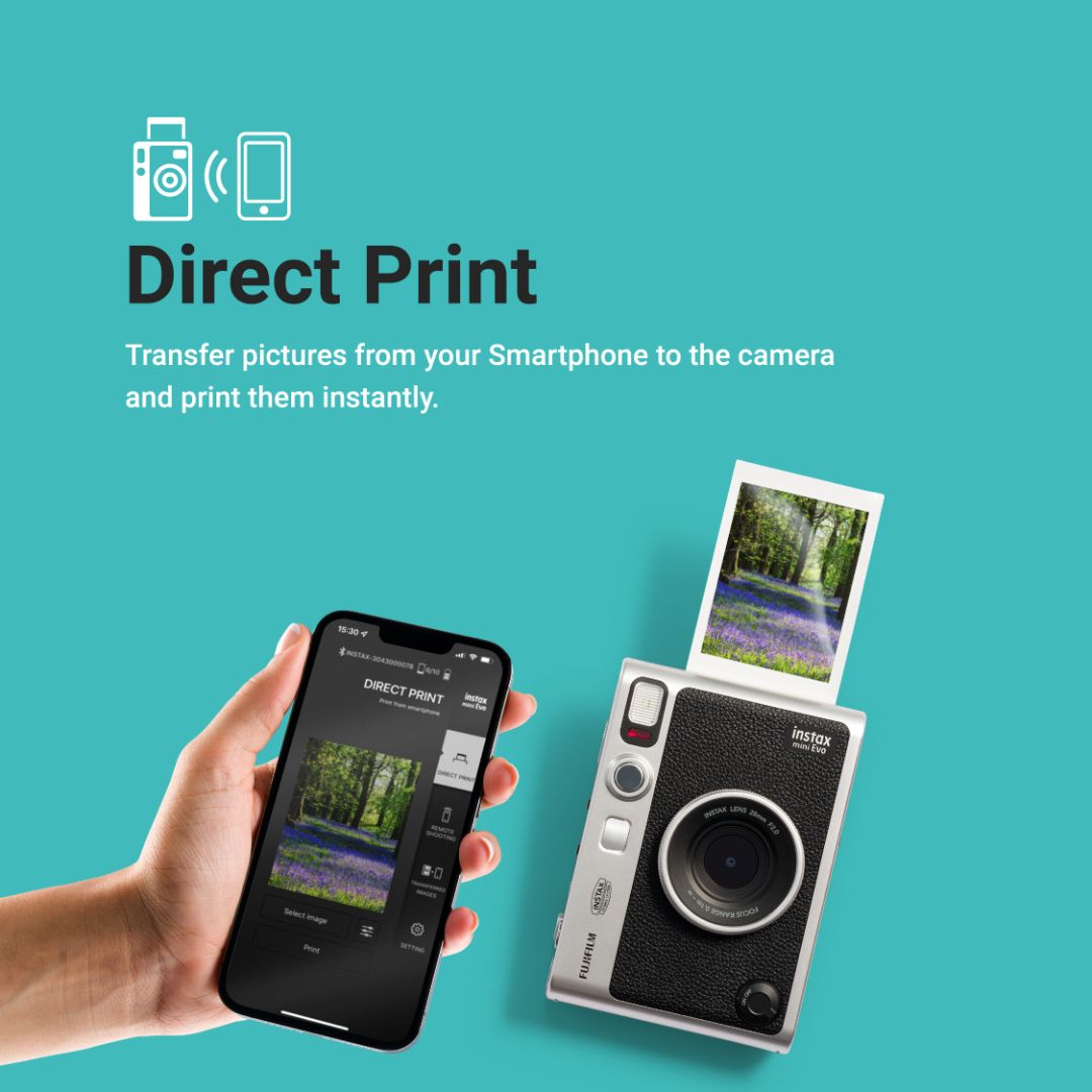 Fujifilm Instax Mini Evo Premium Hybrid Camera + Instant Printer | 100 Photo Styles with Lens & Film Effects | Direct Print from Smartphone | Black & Brown Variants with Film Bundle