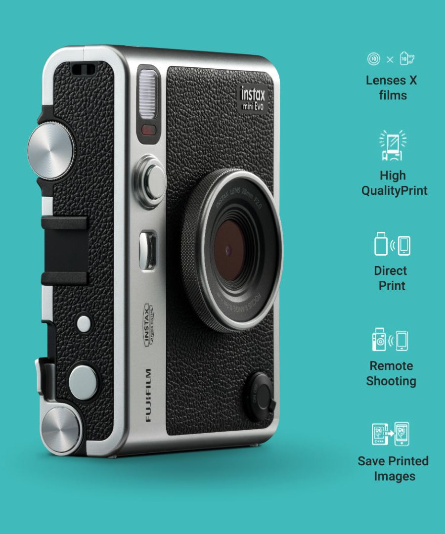 Fujifilm Instax Mini Evo Premium Hybrid Camera + Instant Printer | 100 Photo Styles with Lens & Film Effects | Direct Print from Smartphone | Black & Brown Variants with Film Bundle - MINIMEE KIDS