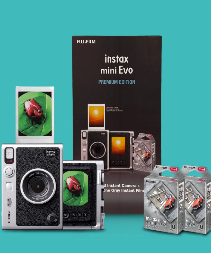 Fujifilm Instax Mini Evo Premium Hybrid Camera + Instant Printer | 100 Photo Styles with Lens & Film Effects | Direct Print from Smartphone | Black & Brown Variants with Film Bundle - MINIMEE KIDS