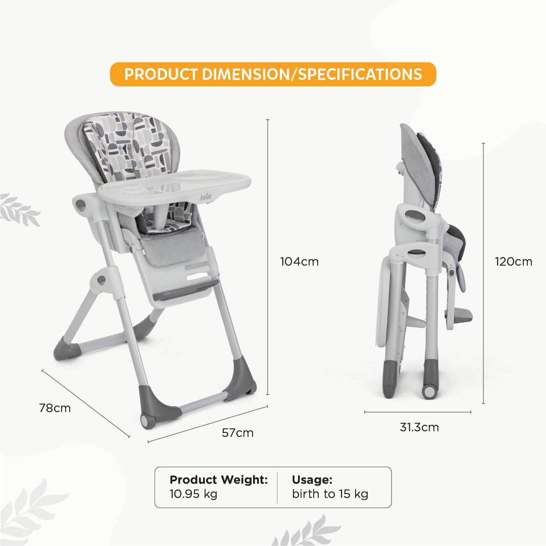 Joie Mimzy Recline Baby High Chair with 5-Position Recline, 7 Adjustable Heights & Foldable Design | Newborn to Toddler Convertible Feeding Chair up to 15kg - Logan