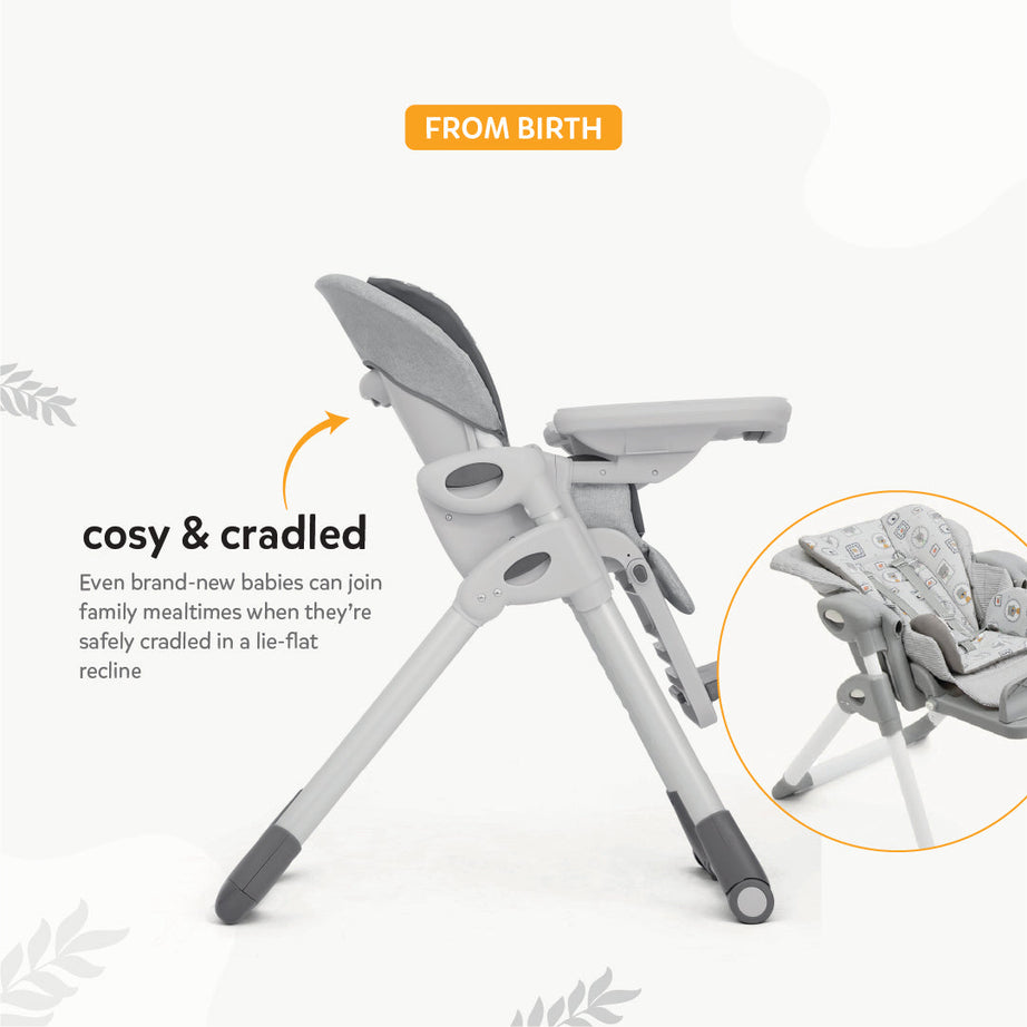 Joie Mimzy Recline Baby High Chair with 5-Position Recline, 7 Adjustable Heights & Foldable Design | Newborn to Toddler Convertible Feeding Chair up to 15kg - Logan