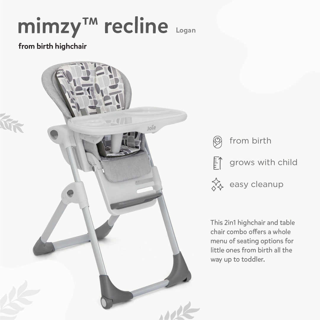 Joie Mimzy Recline Baby High Chair with 5-Position Recline, 7 Adjustable Heights & Foldable Design | Newborn to Toddler Convertible Feeding Chair up to 15kg - Logan