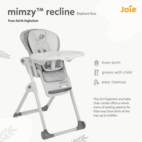 Joie Mimzy Recline High Chair - 7 Height Levels & 5 Recline Angles | Foldable Feeding Chair for Babies & Toddlers (0–15kg) | Elephant Duo Pattern
