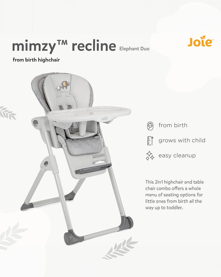 Joie Mimzy Recline High Chair - 7 Height Levels & 5 Recline Angles | Foldable Feeding Chair for Babies & Toddlers (0–15kg) | Elephant Duo Pattern