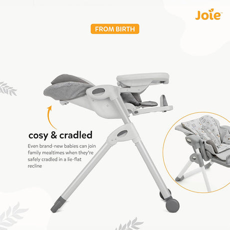 Joie Mimzy Recline High Chair - 7 Height Levels & 5 Recline Angles | Foldable Feeding Chair for Babies & Toddlers (0–15kg) | Elephant Duo Pattern