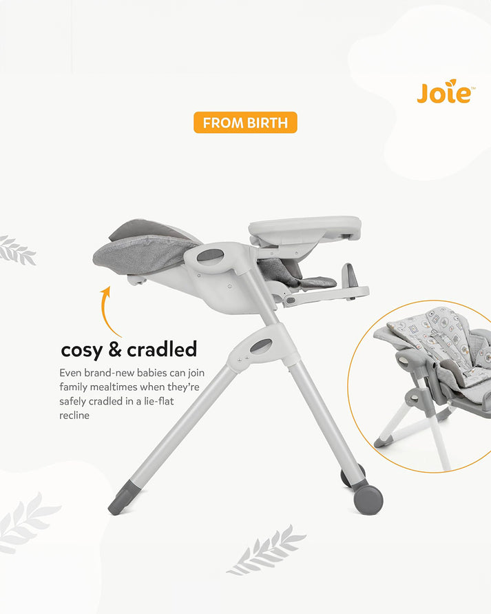 Joie Mimzy Recline High Chair - 7 Height Levels & 5 Recline Angles | Foldable Feeding Chair for Babies & Toddlers (0–15kg) | Elephant Duo Pattern