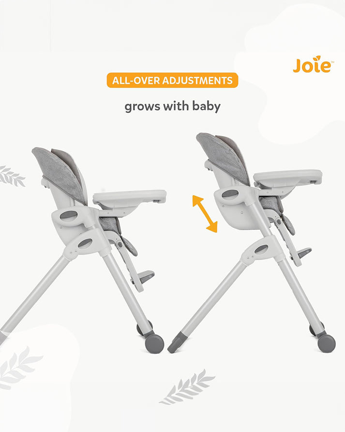 Joie Mimzy Recline High Chair - 7 Height Levels & 5 Recline Angles | Foldable Feeding Chair for Babies & Toddlers (0–15kg) | Elephant Duo Pattern
