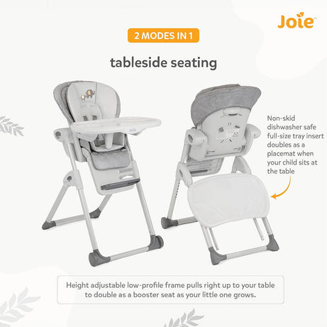 Joie Mimzy Recline High Chair - 7 Height Levels & 5 Recline Angles | Foldable Feeding Chair for Babies & Toddlers (0–15kg) | Elephant Duo Pattern