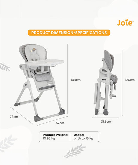 Joie Mimzy Recline 2-in-1 Highchair & Table Chair | Birth to 15kg | 7 Height & 5 Recline Positions | Compact Upright Fold with Extra Snack Tray | Available in Premium Colors - MINIMEE KIDS
