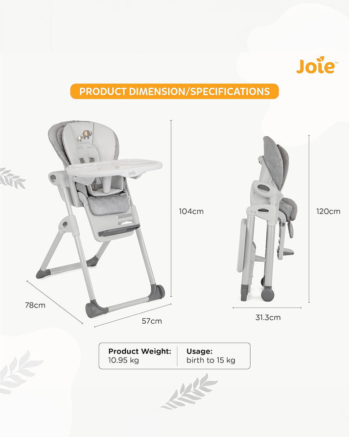 Joie Mimzy Recline High Chair - 7 Height Levels & 5 Recline Angles | Foldable Feeding Chair for Babies & Toddlers (0–15kg) | Elephant Duo Pattern