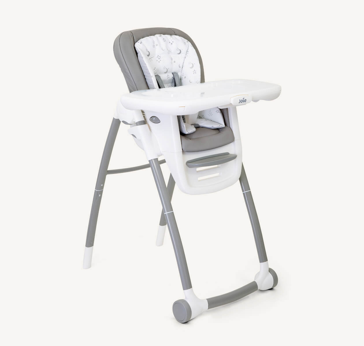 Gray and white high chair on a white background