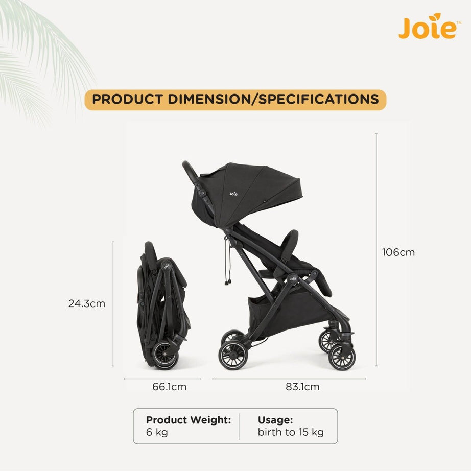 Joie Tourist Lightweight Baby Stroller – Flat Reclining Seat | One-Hand Fold | Travel System Compatible with Rain Cover, Travel Bag & Adapters | Lightweight Stroller for 0 to 3 Years (Upto 15Kg) – Shale