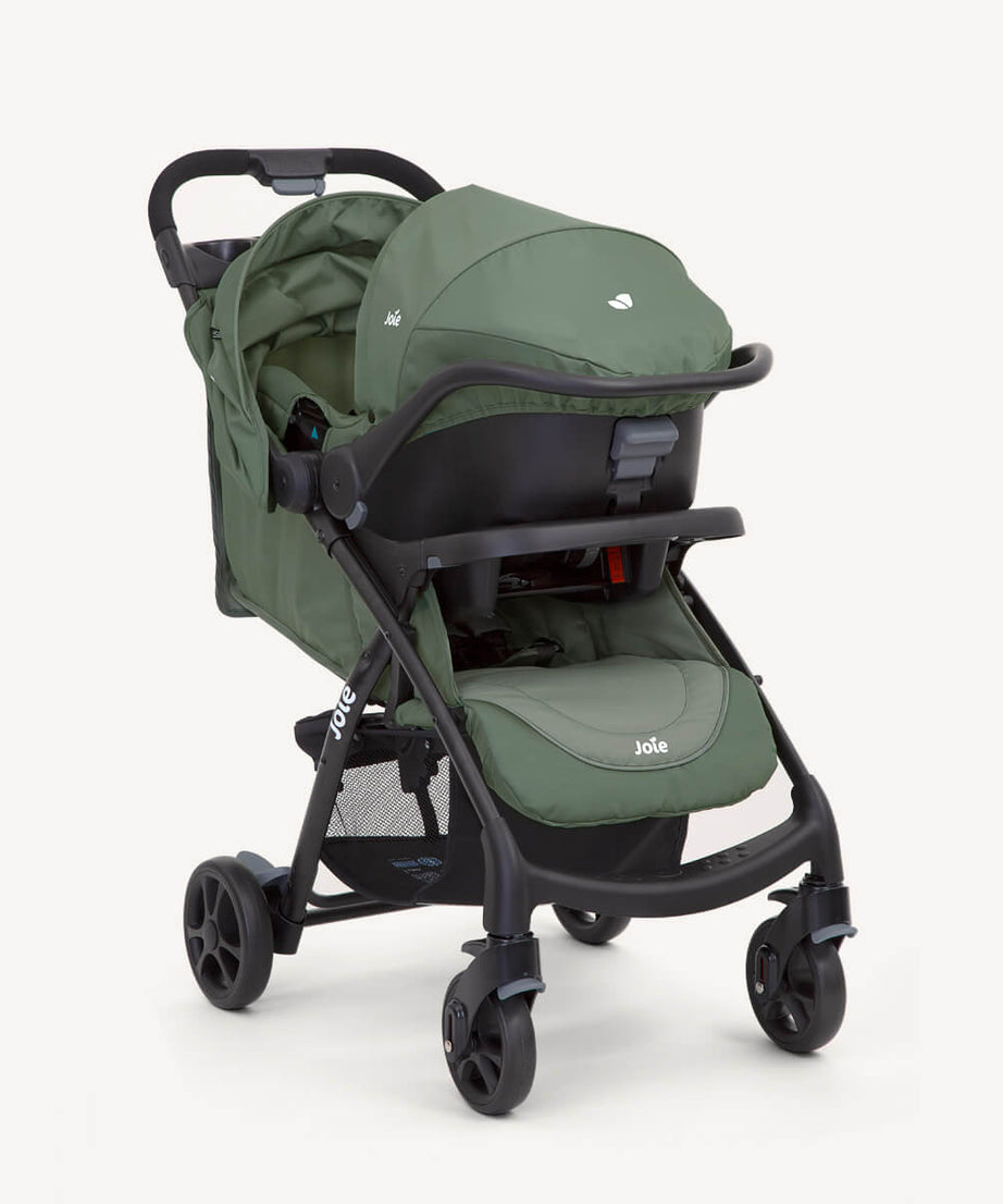 Joie Muze™ LX Travel System - Stroller & Juva™ Infant Carrier Bundle | Birth to 17.5kg | Auto Gravity Fold with Parent & Child Trays | No-Adapter Instant Travel System | Available in Coal, Dark Pewter & Laurel - MINIMEE KIDS