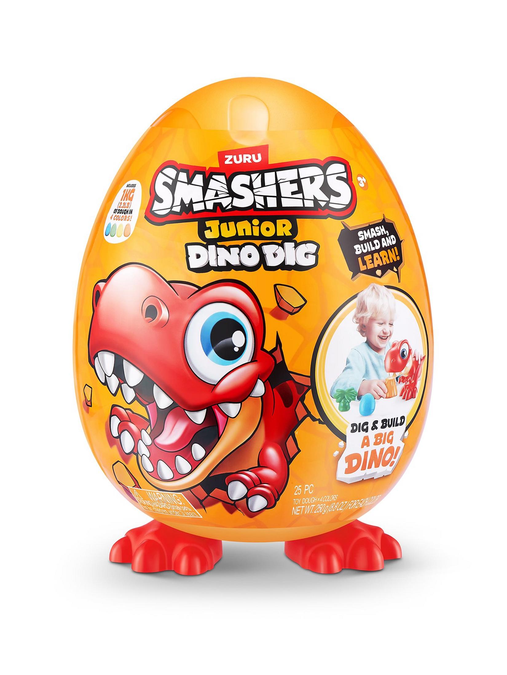 Zuru Smashers Junior Dino Dig Egg - Mold & Make a Dino World - Smash, Build & Learn - 25pc Toy Dough Set with 4 Colors (250g Each)