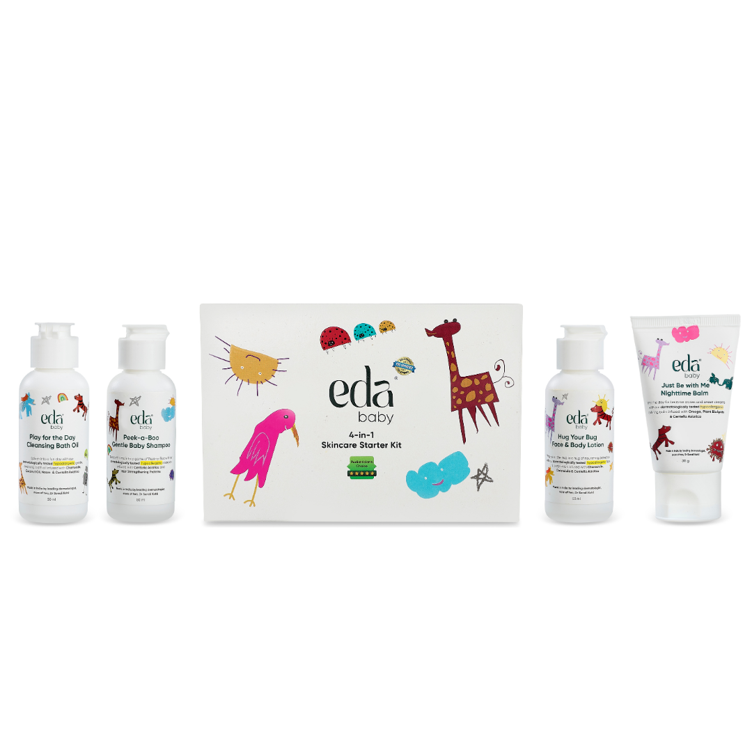 eda baby 4-in-1 Skincare Starter Kit | Gentle Baby Bath & Body Essentials for Soft, Nourished Skin | Trial Pack With Bath Oil, Shampoo, Lotion & Night Balm | Centella, Chamomile & Calendula Enriched
