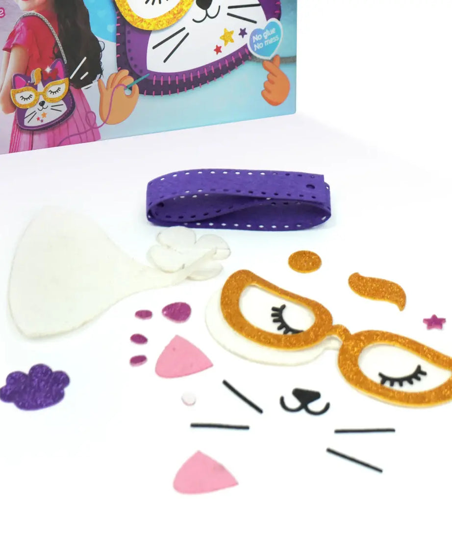 Bloomingo DIY Kitty Sling Bag Kit for Kids – 34-Piece Craft Set with Felt Stickers, Plastic Needle & Yarn – Fun Sewing & Decorating Activity for Creative Play | Ages 4+