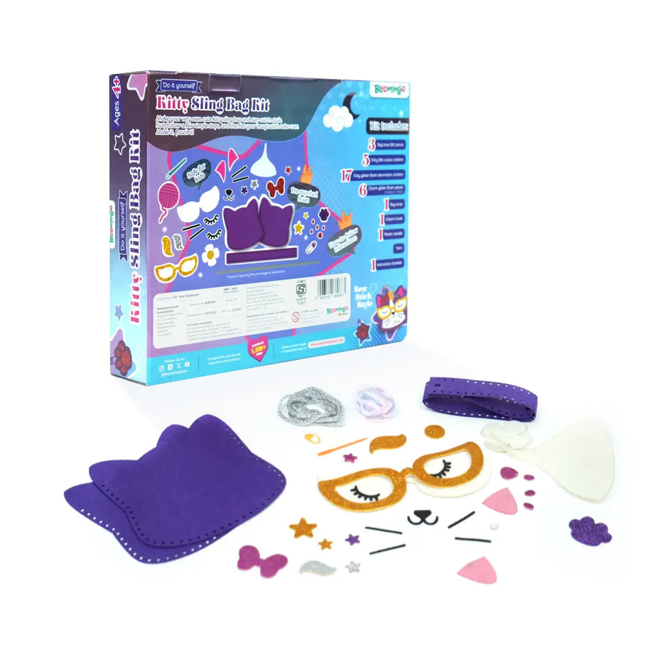 Bloomingo DIY Kitty Sling Bag Kit for Kids – 34-Piece Craft Set with Felt Stickers, Plastic Needle & Yarn – Fun Sewing & Decorating Activity for Creative Play | Ages 4+
