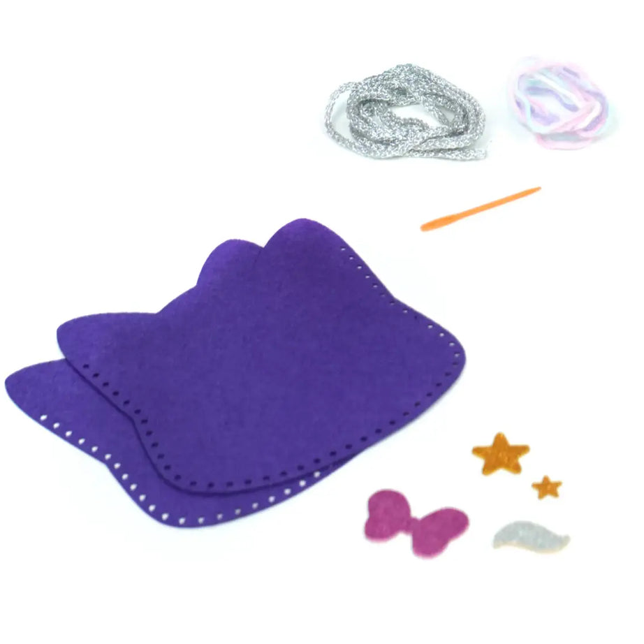 Bloomingo DIY Kitty Sling Bag Kit for Kids – 34-Piece Craft Set with Felt Stickers, Plastic Needle & Yarn – Fun Sewing & Decorating Activity for Creative Play | Ages 4+