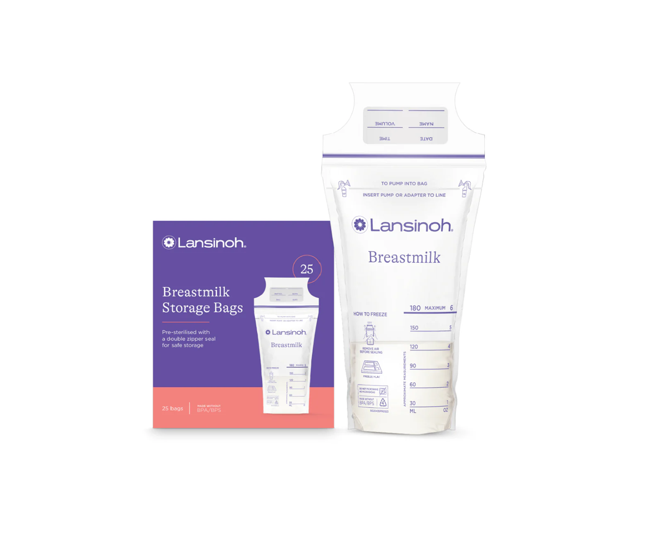 Lansinoh breastmilk storage bags packaging on a white background
