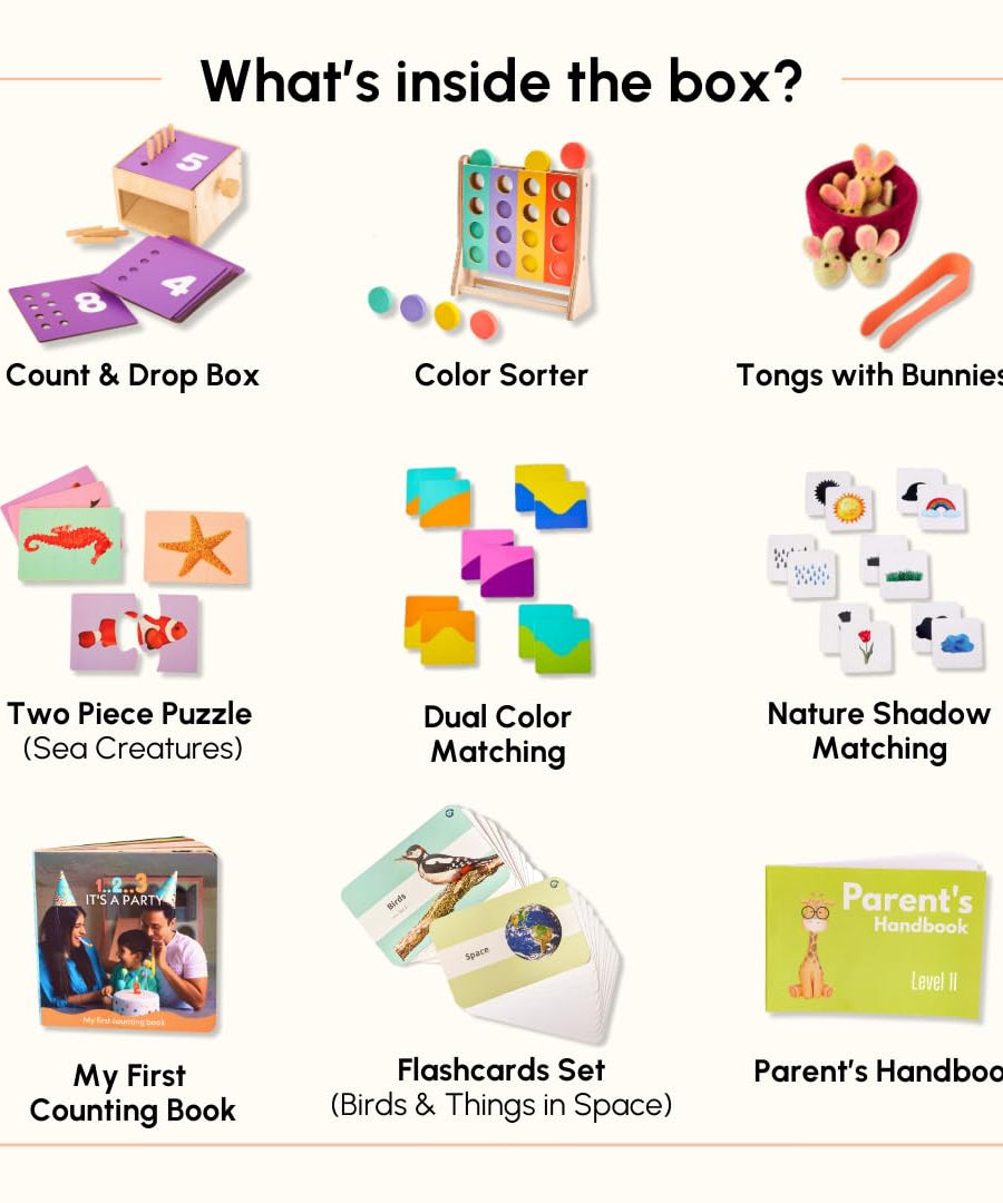 Curious Cub Play & Learn Montessori Kit - Level 11 for 24 Months+, A Curated Box of 10 Engaging Educational Toys to Develop Numeracy, Problem-Solving, and Fine Motor Skills