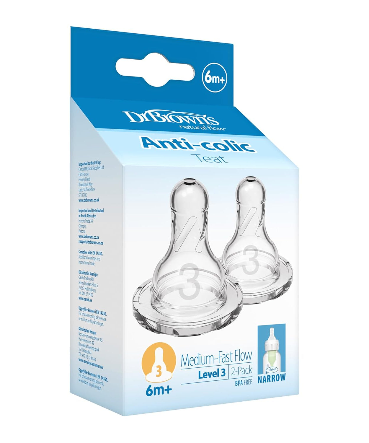 Dr. Brown's Anti-Colic Narrow Neck Teat for 6+ Months Level 3 - Medium Fast Flow | Pack of 2 Nipples